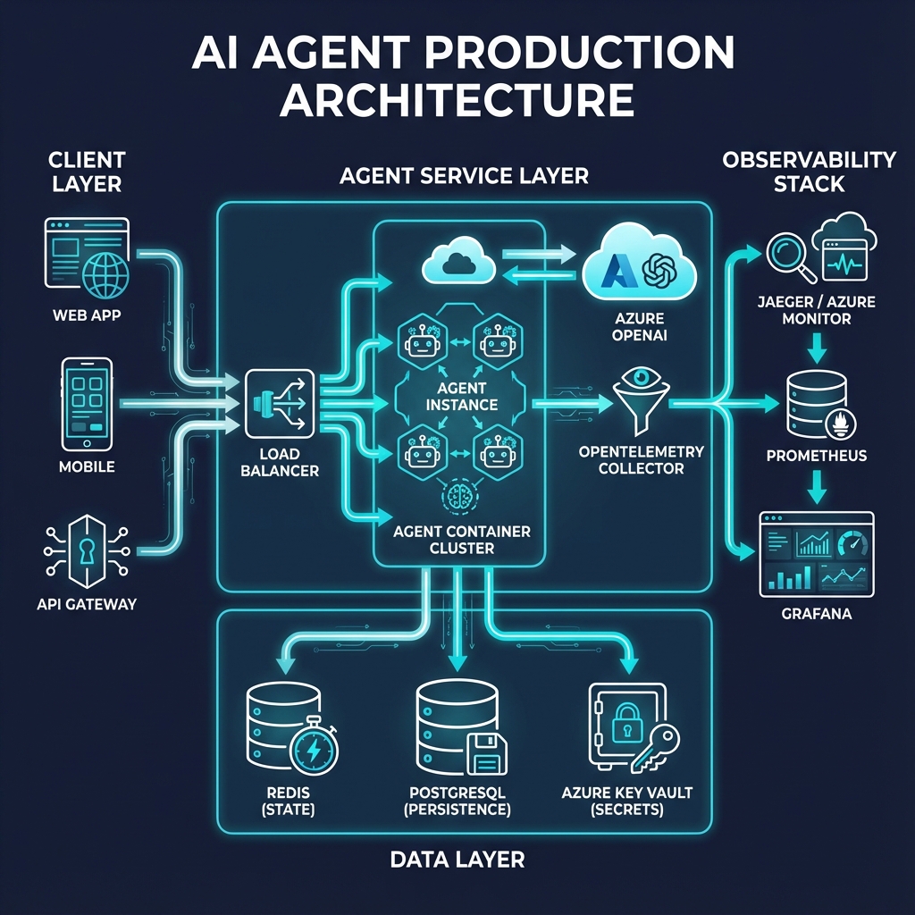 AI Agent Production Architecture showing client layer, agent service layer, observability stack, and data layer