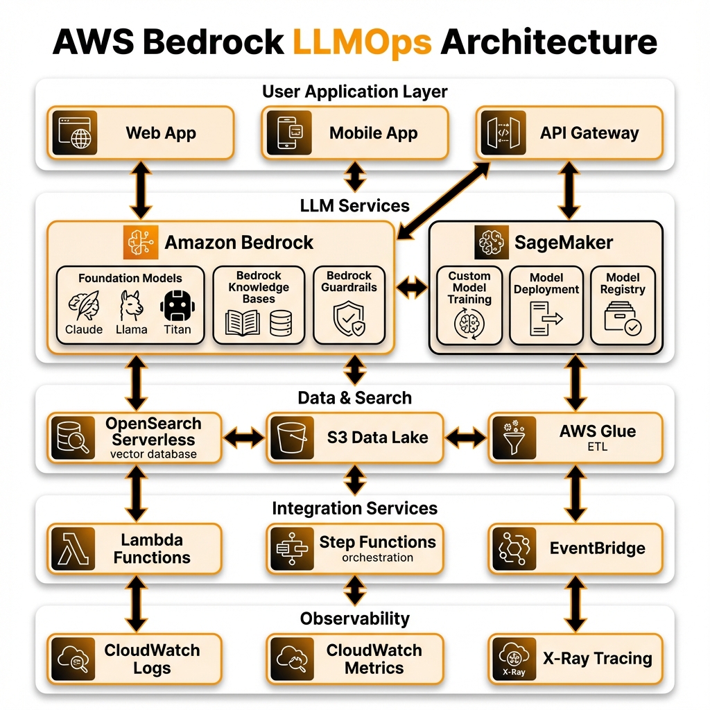 AWS Bedrock LLMOps Architecture with SageMaker integration