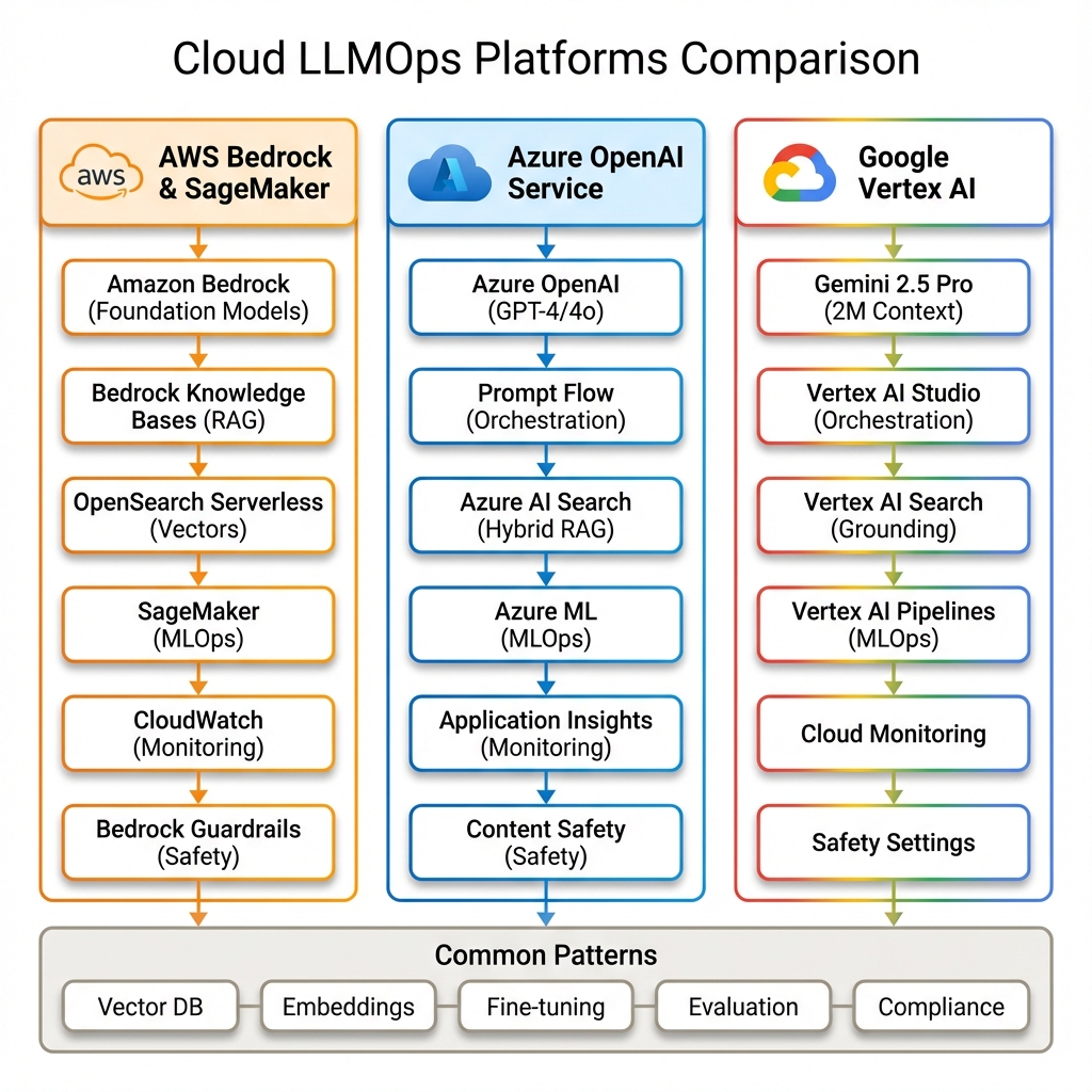 Cloud LLMOps Architecture Overview - Comparing AWS Bedrock, Azure OpenAI, and Google Vertex AI