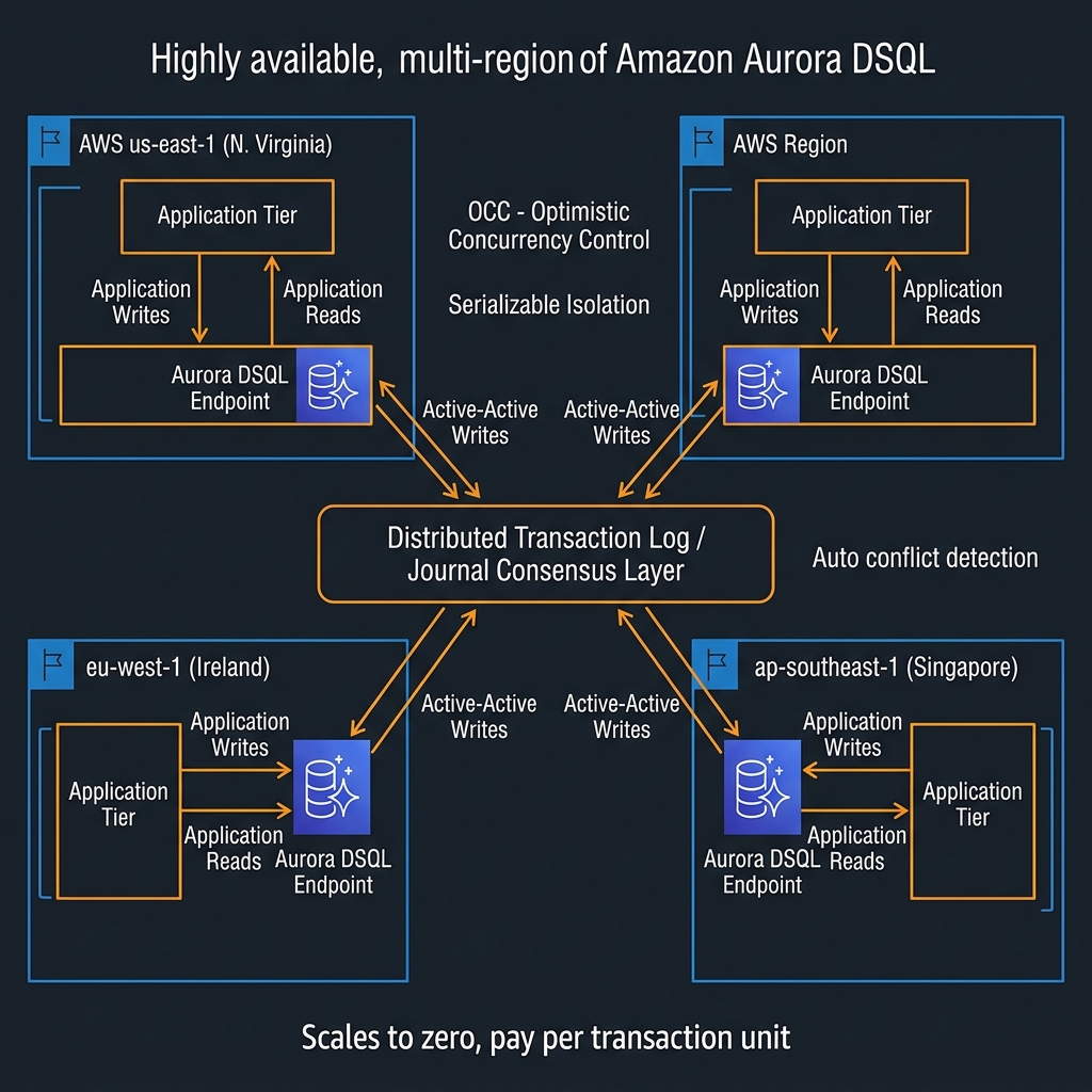 Amazon Aurora DSQL multi-region active-active distributed SQL architecture