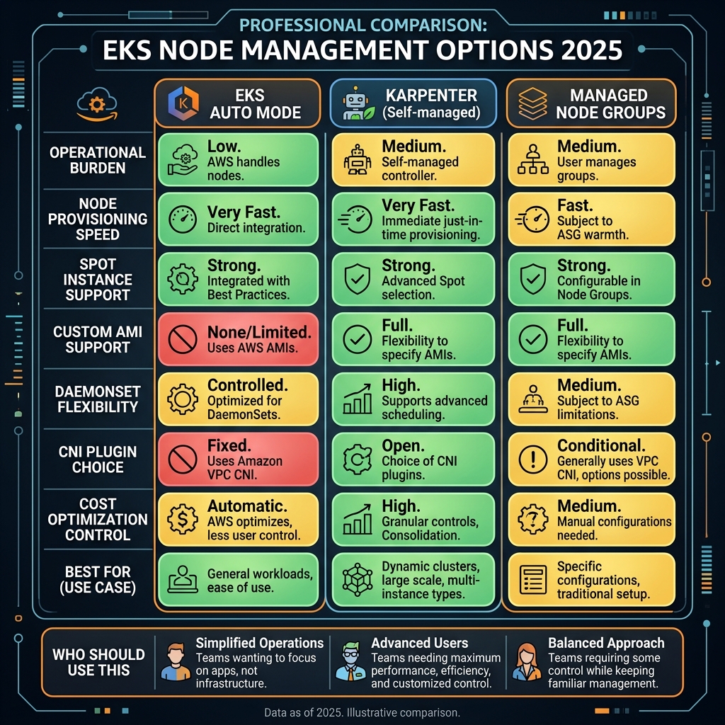 EKS Auto Mode vs Karpenter vs Managed Node Groups comparison